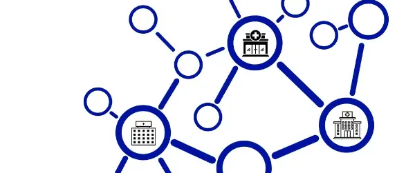 Diagram of hospital marks joined by lines into a referral network