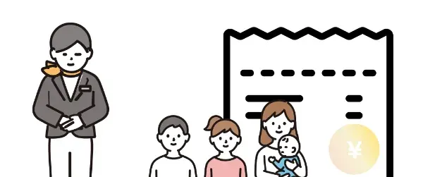 Line drawing of a receptionist standing beside a family, next to an itemised receipt and a coin
