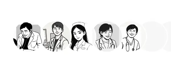 Line drawing of five clinic doctors and nurses in a row, each in a circular portrait