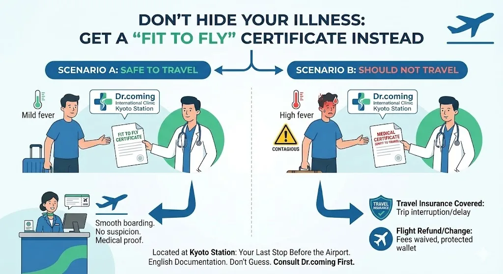 Illustration of two scenarios at a Kyoto clinic: a traveler with mild fever receiving a Fit to Fly certificate, and a traveler with a contagious illness receiving an unfit-to-travel medical certificate