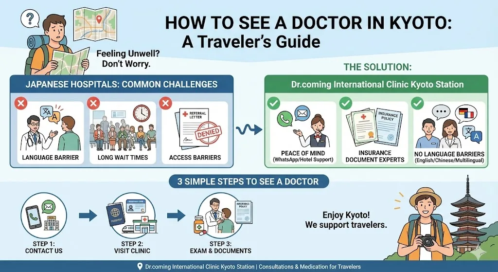 Infographic for travelers in Kyoto: common challenges at Japanese hospitals — language barrier, long waits, access barriers — and three simple steps to see a doctor at Dr. Coming International Clinic Kyoto Station