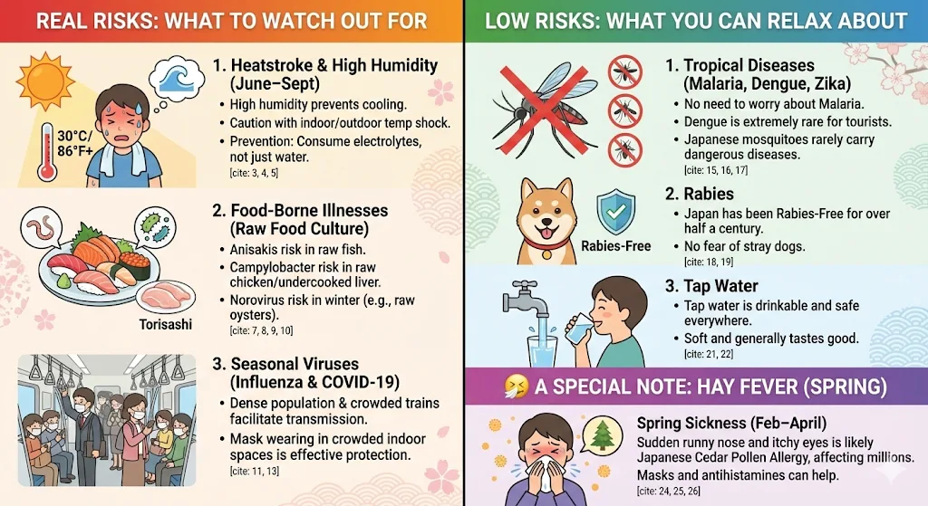 Infographic contrasting real health risks for travelers in Japan — heatstroke, food-borne illness, seasonal viruses — with low risks such as tropical diseases, rabies and tap water