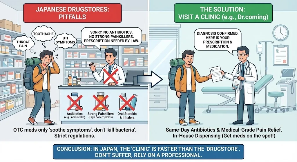 Illustration of a traveler being told at a Japanese drugstore that antibiotics and strong painkillers require a prescription, then receiving a diagnosis and medication at a clinic